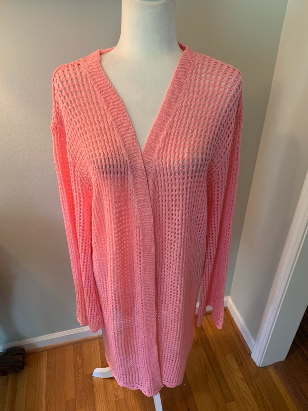 Pink Lily lightweight crocheted Pink cardigan, swim cover, size 2XL
